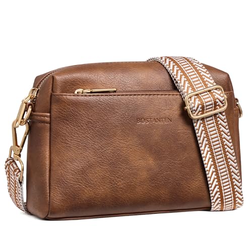 BOSTANTEN Bolsa tiracolo pequena feminina de couro com zíper triplo e alça de ombro moderna