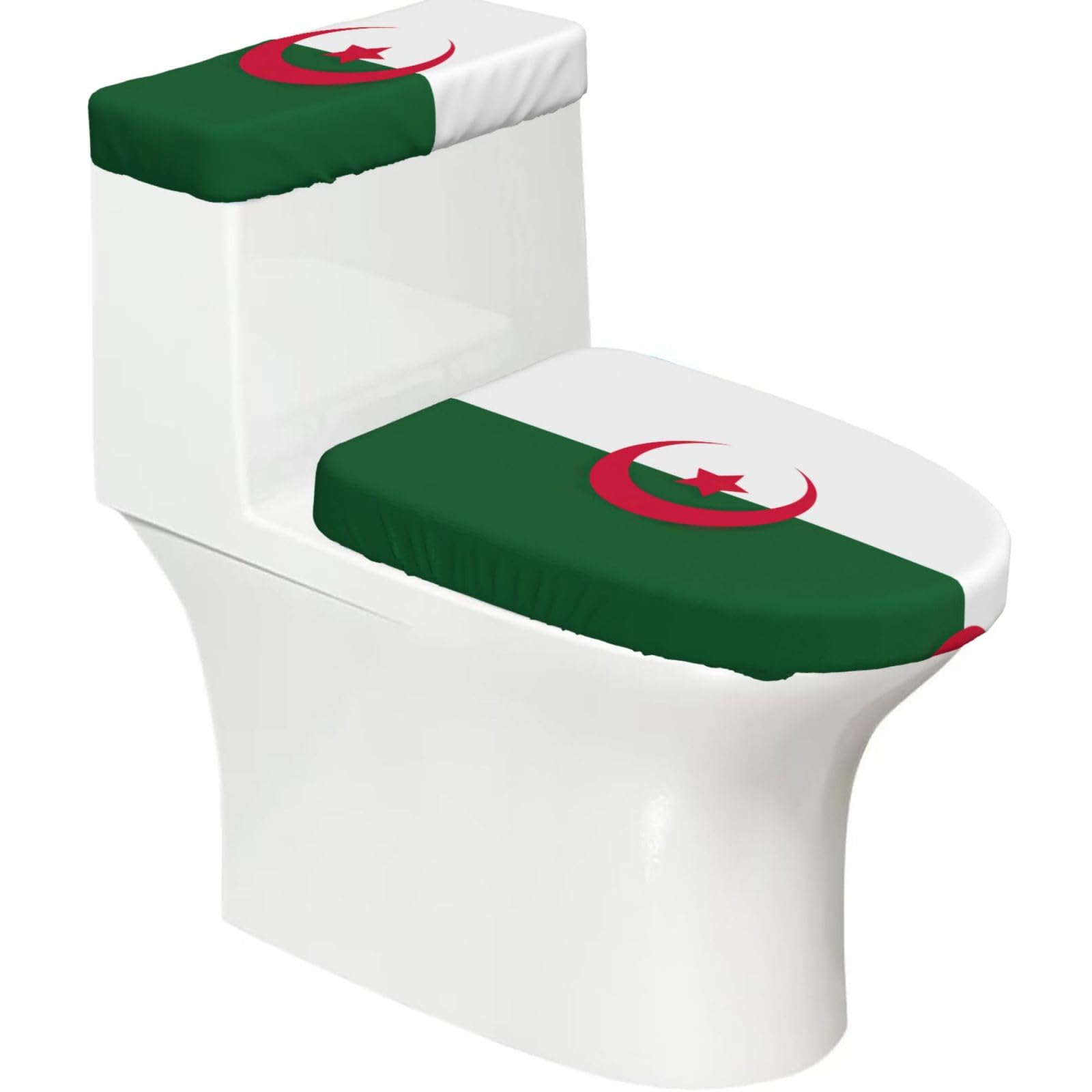 Flag Of Algeria Print Cozy Toilet Seat Warmer Cover Set Stretch Tank Lid Cover Bathroom Essentials For Most Toilets