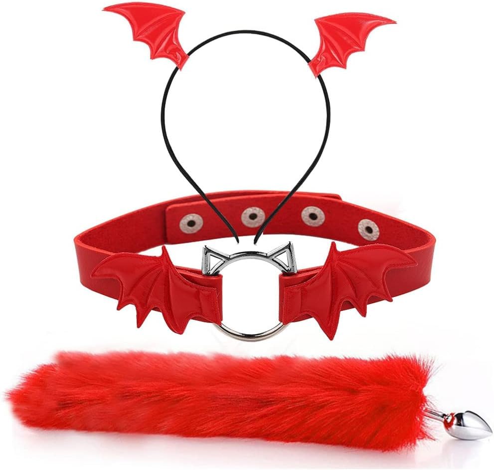 Ctallthy Animal Cosplay Costume Furry Fox Tail Plug Cute Ears Headband Bat Style Neck Collar Set (Red)