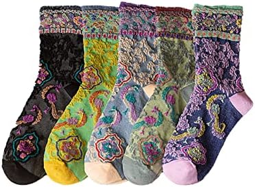 Peilin&yao Floral Socks Set of 5 Pairs Pack Women 5Pieces Cute Ethnic Flower Knit 3D Textured 5Pcs Ankle Cotton Cottagecore Lucky Sock (A,US,Alpha,Large,X-Large,Regular,Regular)
