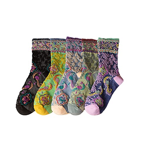 Peilin&Yao Floral Socks Set Of 5 Pairs Pack Women 5Pieces Cute Ethnic Flower Knit 3D Textured 5Pcs Ankle Cotton Cottagecore Lucky Sock (A,Us,Alpha,Large,X-Large,Regular,Regular) #TOP28