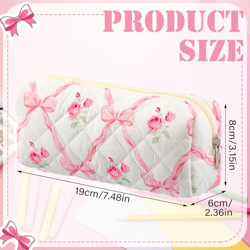 Image of Sherr Coquette Pink Bow Pencil Case Pink Floral Bow Cute Pencil Pouch Soft Cotton Storage Bag Aesthetic Pattern Gift Makeup Pouch Cosmetic Bag for Women Adults