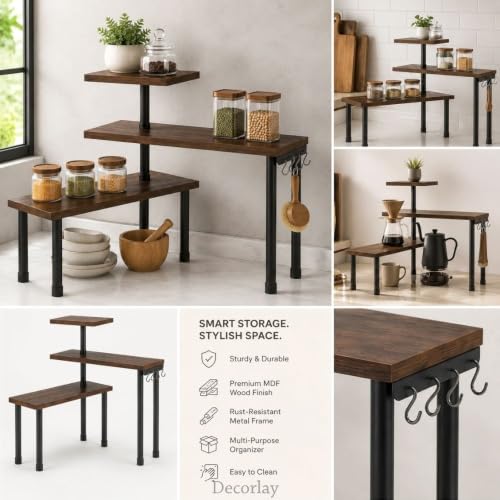 Image of Decorlay 3 Tier Corner Shelf Organizer Rack, Engineered Wood Kitchen Storage Stand for Spice Jars, Oil Bottles, Staircase Rack