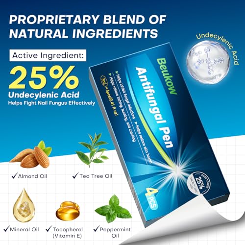 Beukow Nail Fungus Treatment Pen for Damaged Nails-Contains 25% Undecenoic Acid, Tea Tree Oils, along with Other Natural Ingredients, Mild and Non-Toenail Fungus Treatment Extra Strength 4pcs