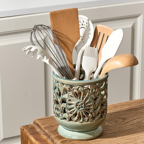 Farmhouse-Kitchen-Utensil-Holder-for-Countertop-Ceramic-Large-Cooking-Utensil-Crock-with-Cork-Mat-Decorative-Rustic-Utensil-Holder-for-Kitchen-Counter-Hollow-Carving-Flower-Blue