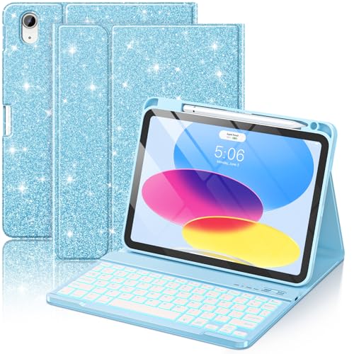 FUWANG for iPad A16 11th/10th Generation Case with Keyboard, Glitter Blue