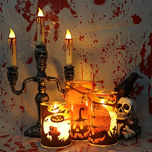 Image of GenSwin Halloween Candles with Pumpkins, 3 Pack Flameless Candles with Remote Timer, Orange Pumpkin Glass Candles Battery Operated with Spiderweb, Halloween Spooky Indoor Decorations (D3 inch x H4 inch5 inch6 inch)