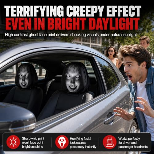 Image of 2Pcs Horror Ghost Face Car Headrest Covers, Universal Stretch Elastic Headrest Protector, Funny Prank Halloween Auto Interior Decor Accessories Fit Most Vehicles (B)