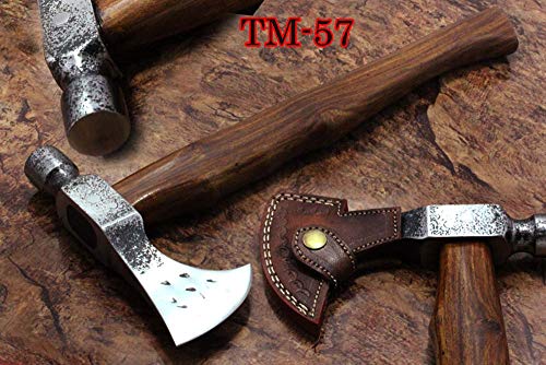 Damascus Depot Hammer Axe, 18 Inches Long High Carbon Steel Voyager Axe with Hammer, Walnut Wood Round Handle Bearded Hiking Battle Axe , Thick Cow Hide Leather Sheath Damascus Depot Hammer Axe, 18 Inches Long High Carbon Steel Voyager Axe with Hammer, Walnut Wood Round Handle Bearded Hiking Battle Axe , Thick Cow Hide Leather Sheath