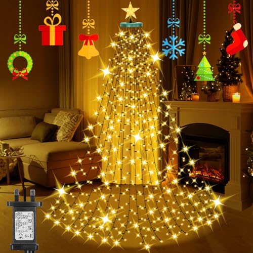 Laybasic Christmas Tree Lights with Topper Star & Ring, 2m x 16 Strands 400 LEDs Xmas Tree Waterfall Lights, with Timer 8 Modes Memory, for 6-8ft Christmas Tree, IP44 Waterproof for Indoor Outdoor