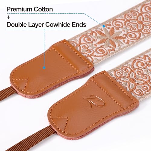 Image of Padwa Lifestyle Khaki Yellow flower Camera Strap - 2 inch Cowhide Head,Jacquard Embroidery Woven Cotton,Adjustable Shoulder Neck Camera Straps for Photographers