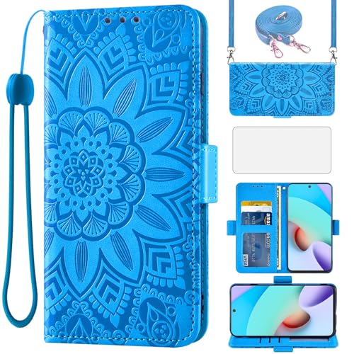 Cover per Xiaomi Redmi 10 4G con Cordino e Pellicola Vetro Temperato Supporto Regolabile Pelle Portacarte Portafoglio Custodia per protettiva Redmi10 Prime Cellulare Phone Case Blu