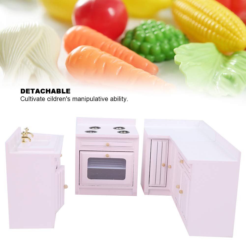 Hidyliu Casa delle Bambole in Legno Mobili da Cucina Integrali Casa in Miniatura Carina Artigianale per Ragazze Rosa (Combinazione di mobili da cucina)