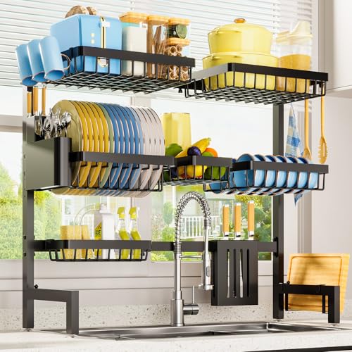 Sakugi Dish Drying Rack - Over The Sink Dish Drainer Drying Rack with Utensil & Knife Holder, Hooks, Stainless Steel Kitchen Organizers and Storage Solution, 11.8