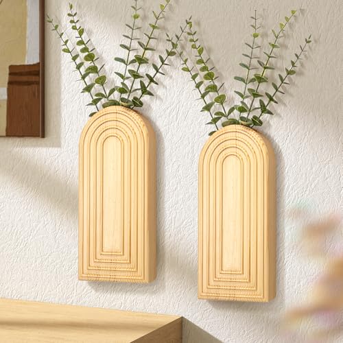 EOSAHR Rustic Pine Wood Wall Vases Set of 2 – Farmhouse Wall Decor for Indoor Plants – Best Boho Chic Decor Hanging Planters for Living Room, Bedroom & Midcentury Modern Home Decor (Original Wood)