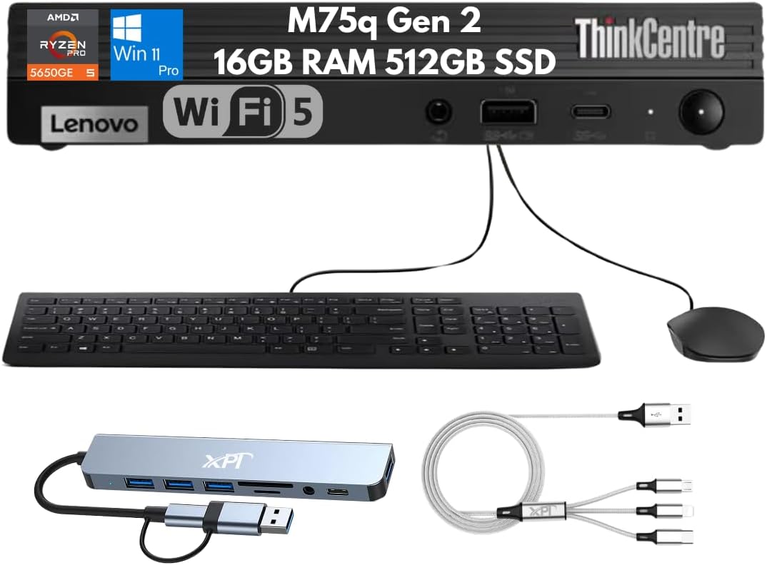 Lenovo ThinkCentre M75q Gen 2 Mini Desktop Business PC, AMD Ryzen 5 PRO 5650GE (6-Core), 16GB RAM, 512GB SSD, 4K Display Support, Wi-Fi, Bluetooth, Ethernet, Keyboard & Mouse, Copilot Windows 11 Pro