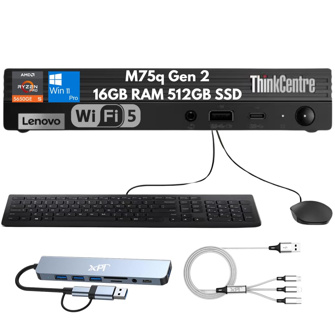Lenovo ThinkCentre M75q Gen 2 Mini Desktop Business PC, AMD Ryzen 5 PRO 5650GE (6-Core), 16GB RAM, 512GB SSD, 4K Display Support, Wi-Fi, Bluetooth,