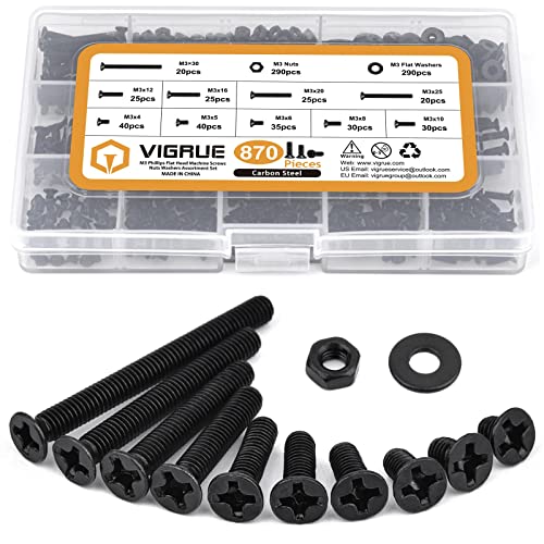 VIRGUE 870Pcs M3 Flat Head Phillips Machine Screws Black, M3 x 4/5/6/8/10/12/16/20/25/30mm Countersunk Metric Machine Screws Assortment Kit M3 Phillip