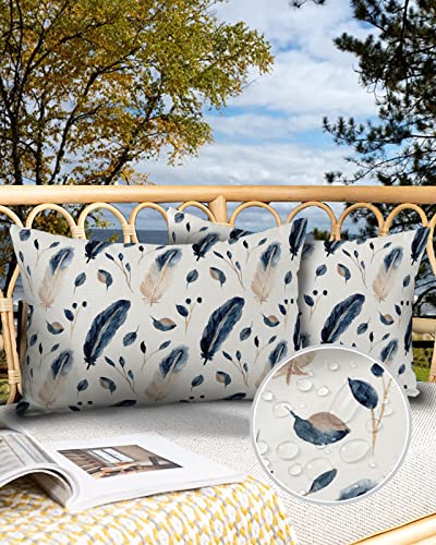 Outdoor Pillow Covers Waterproof, Ink Painting Feather Filling All Weather Cushion Case Set of 2, Beige Ink Blue Abstract Backdrop Lumbar Pillowcase for Sofa Couch Bed Decor Patio Furniture 20