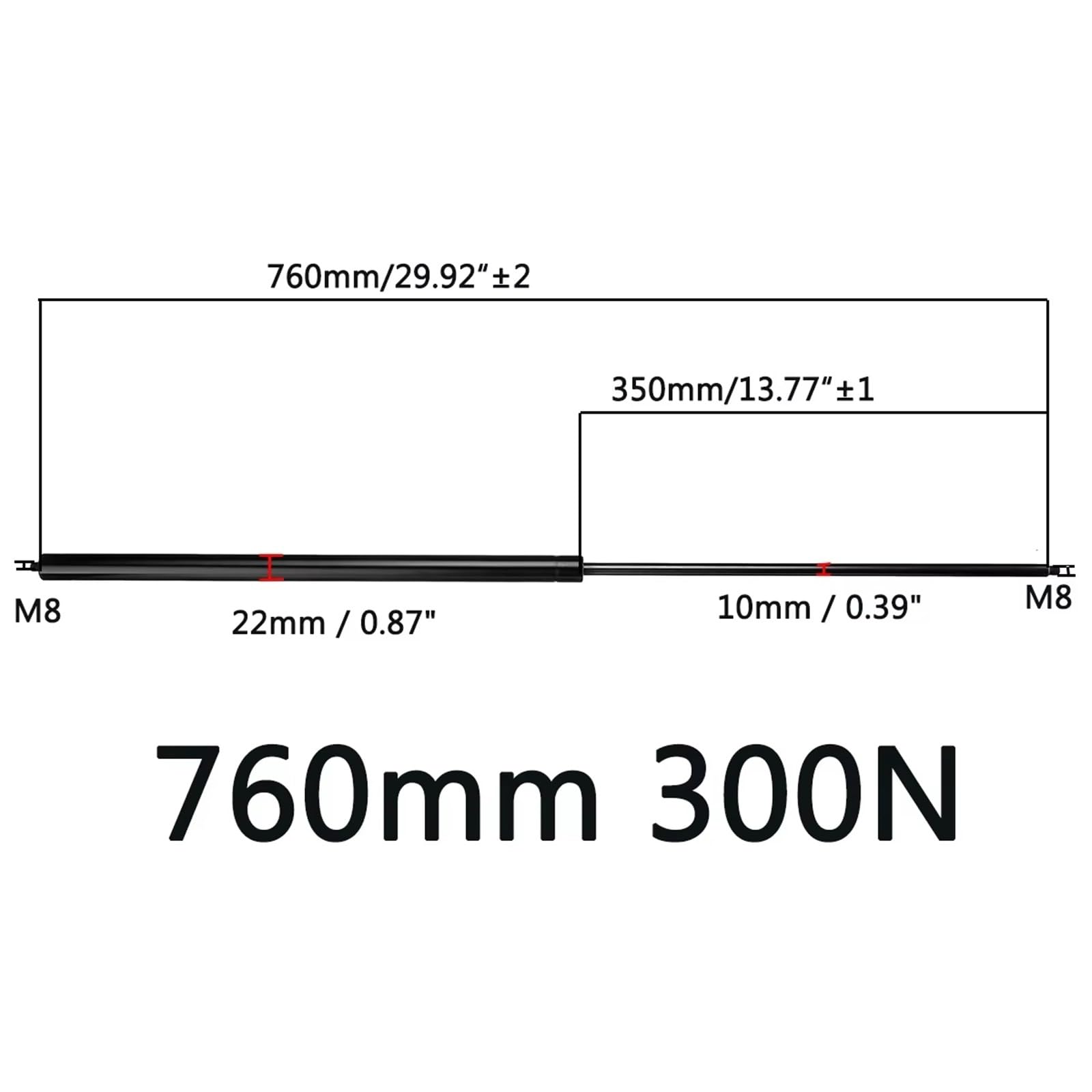 Générique Verins De Coffre 1 Pièces 300N 260-860mm pour RV Lit Fenêtre Bus Caravanes Voiture Barres Jambe Force À Gaz Ressort Capot Support Tige Amortisseur VéRins De Hayon(760mm)