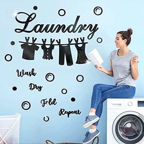 3D Acrylic Mirror Wall Stickers Laundry Wash Dry Fold Repeat Wall Stickers, Mirror Surface Laundry Letters Sign with Bubbles Decorative Mirror Wall Sticker for Laundry Room Wall Decorations(Black)