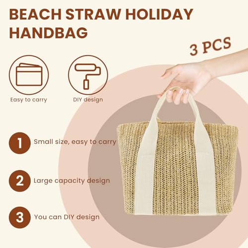 3 piezas de bolsas de playa tejidas a mano para mujer, 9,8 x 5,5 x 8,7 pulgadas, bolsa tote tejida de yute y malla hueca, con asa y correa para hombro, ideal para vacaciones, compras y viajes miniatura 3