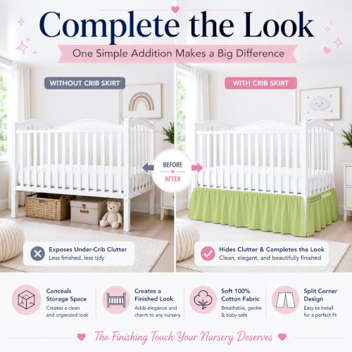 Image of Crib Bed Skirt Dust Ruffle with Split Corners Cotton, 14 inch Drop, Sage | Nursery Standard Crib Bedding Bed Skirt for Baby Boys and Baby Girls. Hides Under-Crib Storage for a Neat Appearance