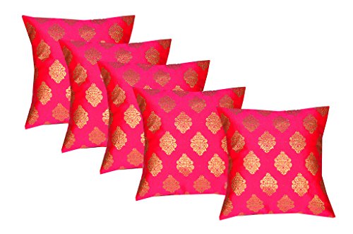 PINK PARROT Dopian Silk Decorative Jacquard Cushion Cover (Pink, 40x40cm) -Set of 5