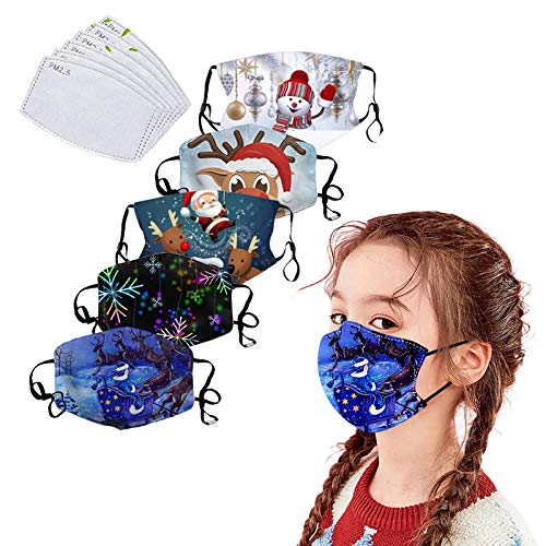 5Pack Cotton Christmas Mask for Children with Filter Pocket with 6 Pcs Replacement Filters-Washable Xmas Face Mask (Christmas Mask B)