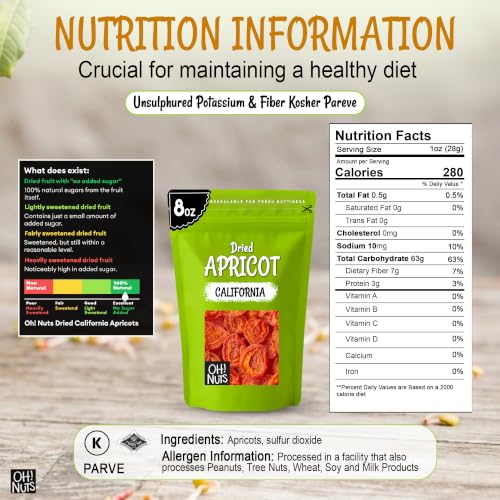 Image of Oh! Nuts Dried Apricots California - 8 oz - No Sugar Added - Packed in New York Zip-Seal Bag to Preserve Natural Freshness and Quality | Dried apricots no sugar added - California sun dried fruit snacks - Packed NY - Zip-seal bag freshness - Kosher 8oz