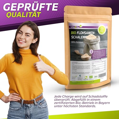 Foto von Vita2You Flohsamenschalen Bio 99% Reinheit 1000g - Laborgeprüft - 100% Bio Anbau - 1kg indische Flohsamen Schalen - Premium Qualität