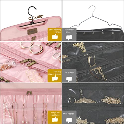 Smriti Jewelry Travel Organizer, Foldable Hanging Jewelry Organizer With 360 Degree Rotating Hanger And 23 Clear Dust Proof Dual Zippered Pockets For Traveling, Closet, Suitcase (Pink) #TOP4