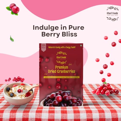 Image of Khari Foods Dried Cranberries, Dry Fruit Berries, Rich in Antioxidants, Energy Booster, No Preservatives (100g)