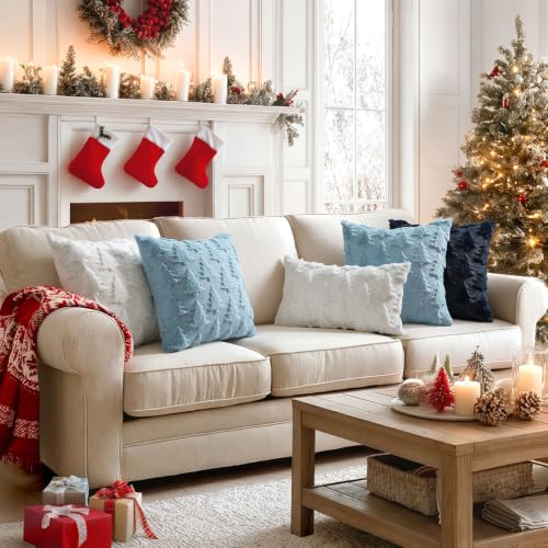 Image of MIULEE Christmas Throw Pillow Covers Blue Christmas Decorations Set of 2 Xmas Tree 18x18 Pillow Covers Soft Plush Faux Wool Pillowcases Holiday Festivals Winter Home Decor Sofa Couch Bed Porch