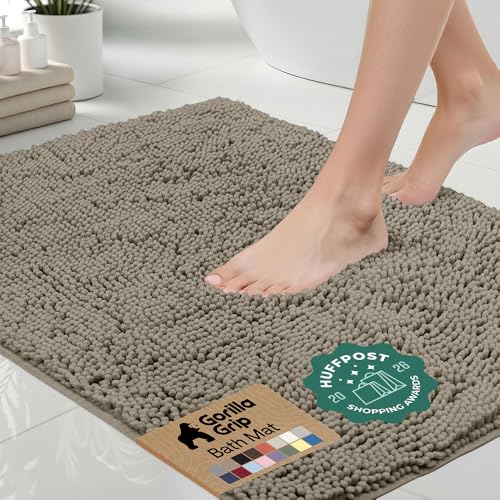 Image of GORILLA GRIP Bath Rug Mat, Thick Soft Absorbent Chenille, Quick Dry Microfiber Mats, Rubber Backing Washable Shower Floor Rugs, US Designed Bathroom Bathmat Home Decor Accessories, 24x17, Latte