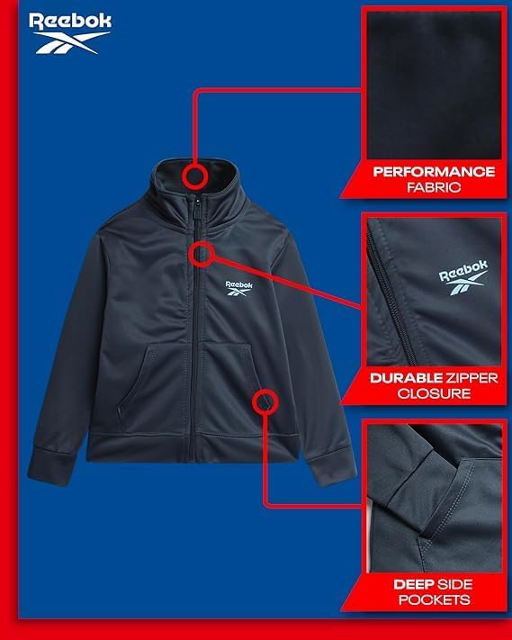 Reebok Toddler Boys Tracksuit Set - 2 Piece Athletic Tricot Full Zip Up Track Jacket and Boys Sweatpants Playwear Joggers Set - Image 2