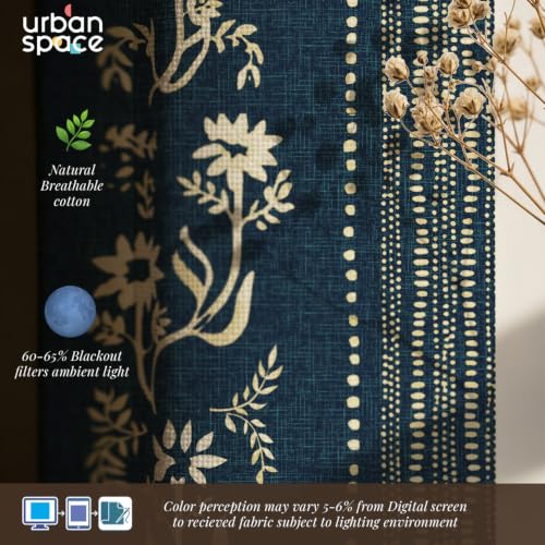 Image of Urban Space 100% Cotton Floral Curtains 5 Feet Long Set of 2, 60-65% Room Darkening, Decorative Curtains with Eyelets /Rings for Hanging, Tieback Included (Garden Trail Indigo, Window - 5 Feet)