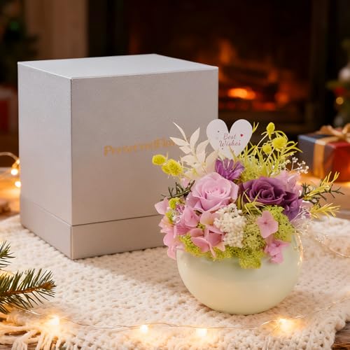 Memorvia Preserved Flowers Arrangement in mini Ceramic vase Real Touch Forever Roses Gifts for Women (Purple)