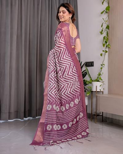 Image of ALMAARI FASHION Handloom Cotton Linen Saree for Women with Floral Printed Design and Tassel Pallu, Traditional Ethnic Lightweight Saree for Daily Office Festive with Blouse Piece