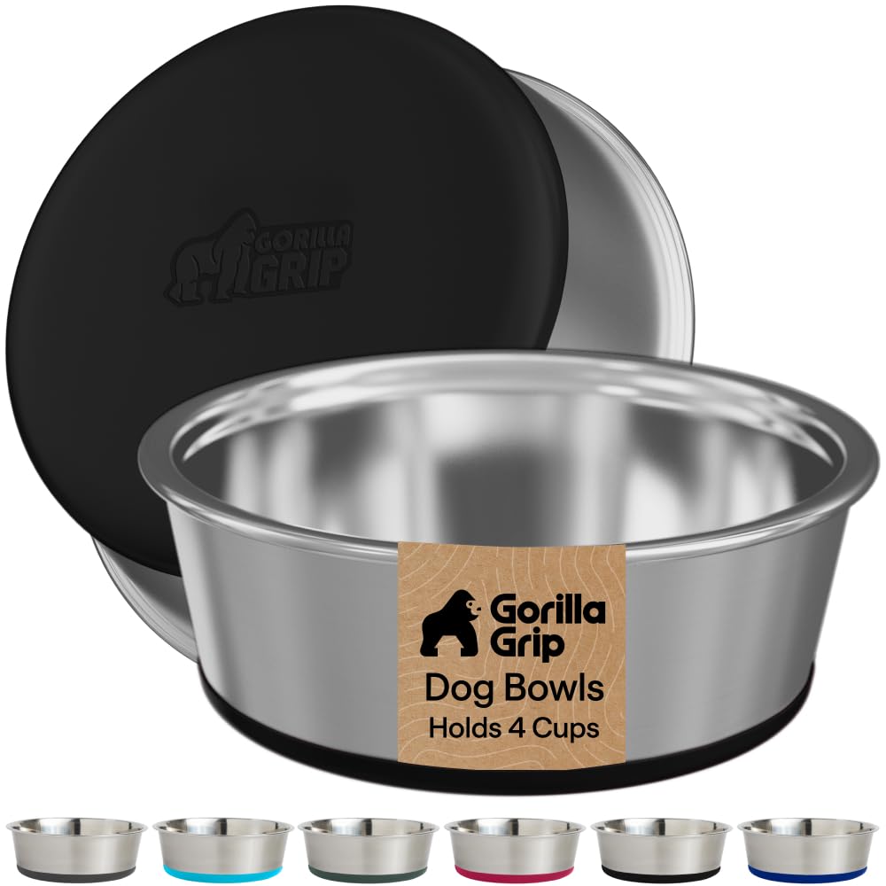 Gorilla Grip Set of 2 Dog Bowls, Holds 4 Cups (32 fl oz), Heavy Duty Metal Food and Water Bowl for Feeding Dogs and Cats, Dishwasher Safe, Rust Resistant Stainless Steel, BPA Free Rubber Base, Black