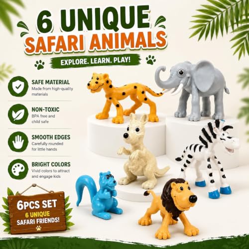 Image of TEC TAVAKKAL Set of 6 Big Size Full Action Toy Figure Jungle Cartoon Wild Animal Toys Figure Playing Set for Kids Current Animals Lion Giraffe Elephant Tiger Toys for Children (6 Cute Animal)