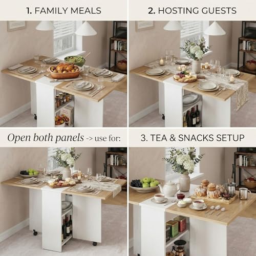 Image of TEKAVO Peyton Foldable Dining Table for Home 4 Seater | Space Saving, Movable with Wheels Folding Dining Table | 130cm x 80cm x 80cm | Mile Oak & White | DIY