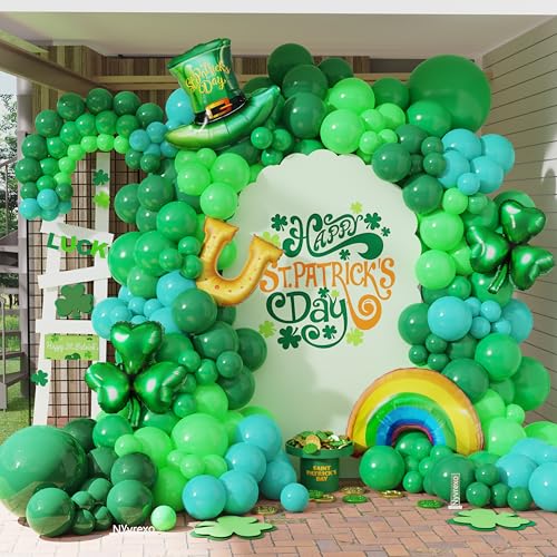 Image of 160Pcs St Patricks Day Green Balloons Arch Garland Kit with Lucky Shamrock Clover /Hat /Rainbow /Horseshoe Jumbo foil balloons for Saint Patrick's Day Irish Festival Party Decorations