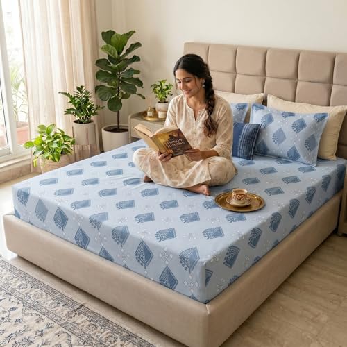 Image of Mafatlal 186 TC Grace Pure Cotton Double Size Bedsheet | 90 x 100 Inch | Soft Breathable Cotton Bed Sheet Set with 2 Pillow Covers | Turquoise Blue