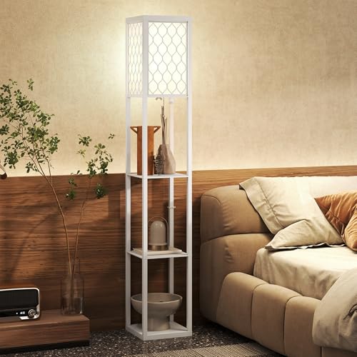 HOMCOM Lampada da Terra 2 in 1 Salvaspazio con 3 Ripiani, Lampada Moderna da Salotto, Soggiorno e Ufficio, Attacco E27, 26 x 26 x 160 cm, Bianco