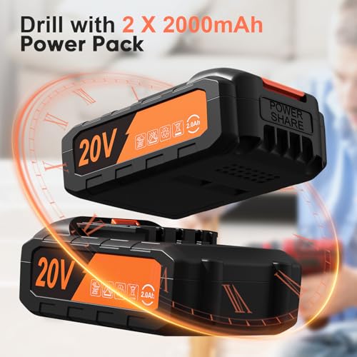 Image of 20V Cordless Drill, Double 2000mAh Batteries, 3 /8 inch Keyless Chuck, 25+1 Max 370 In-lb Torque, 42Pcs Drill Bits