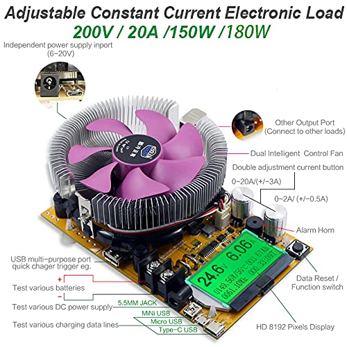 180W ajustable USB corriente constante electrónica carga batería voltaje probador de capacidad, carga electrónica cargador descarga resistencia probador