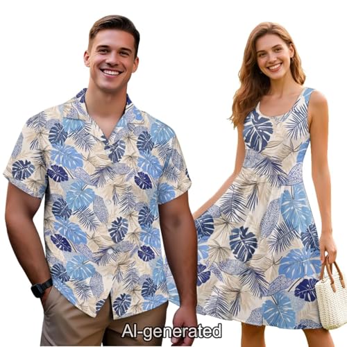 Image of Dreaweet Summer Dresses for Women A-Line Sleeveless Flowy Sun Dresses,Men's Casual Button-Down Shirts,Couple Matching Outfits
