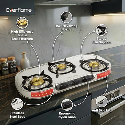 Image of Everflame Swift VT3 3 Burner Gas Stove | Stainless Steel Body | Tri-Pin Brass Burners | Gas Saver Technology | Manual Ignition | Ergonomic Knobs | 360 Brass Nozzle | 2 Years Manufacturer Warranty