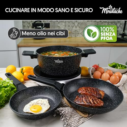 La Moustache - Batteria di Pentole【8 Pezzi】a Induzione in Alluminio con Antiaderente, Set di 3 Casseruole Ø 16/20/24 cm, 3 Coperchi e 2 Padelle Ø 20/24 cm, Manici in Bakelite (Onix) - immagine 5